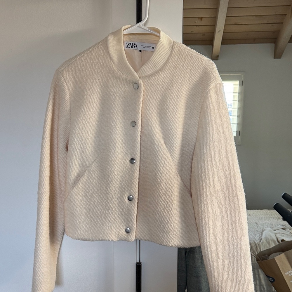 Zara Off-White Textured Bomber Jacket